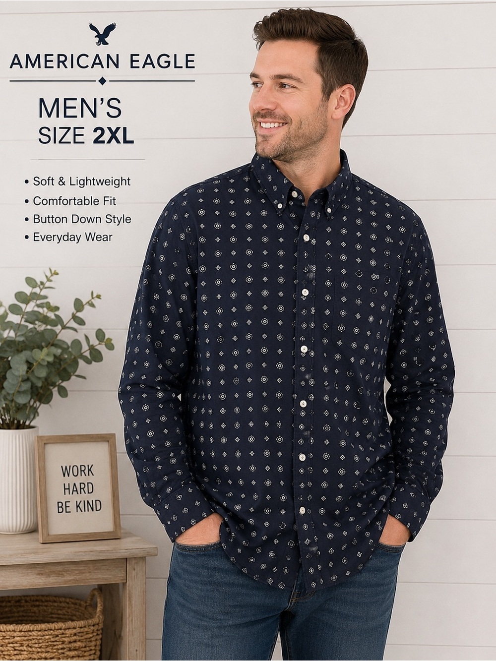 AMERICAN EAGLE long sleeve black printed dress shirt/size XXL